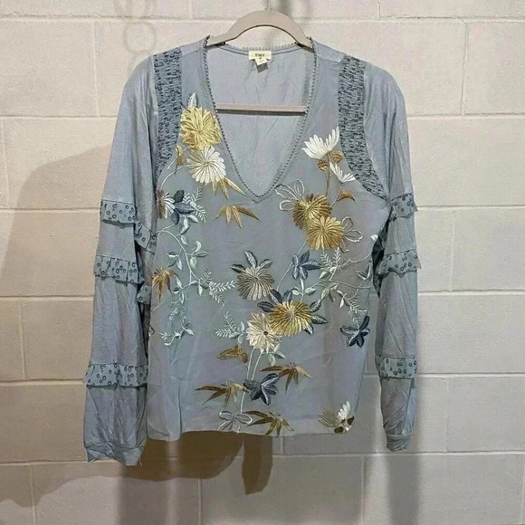 Anthropologie Tops - Anthropologie TINY Frances Long-Sleeve Ruffled Top Blue‎ Embroidered Boho Floral